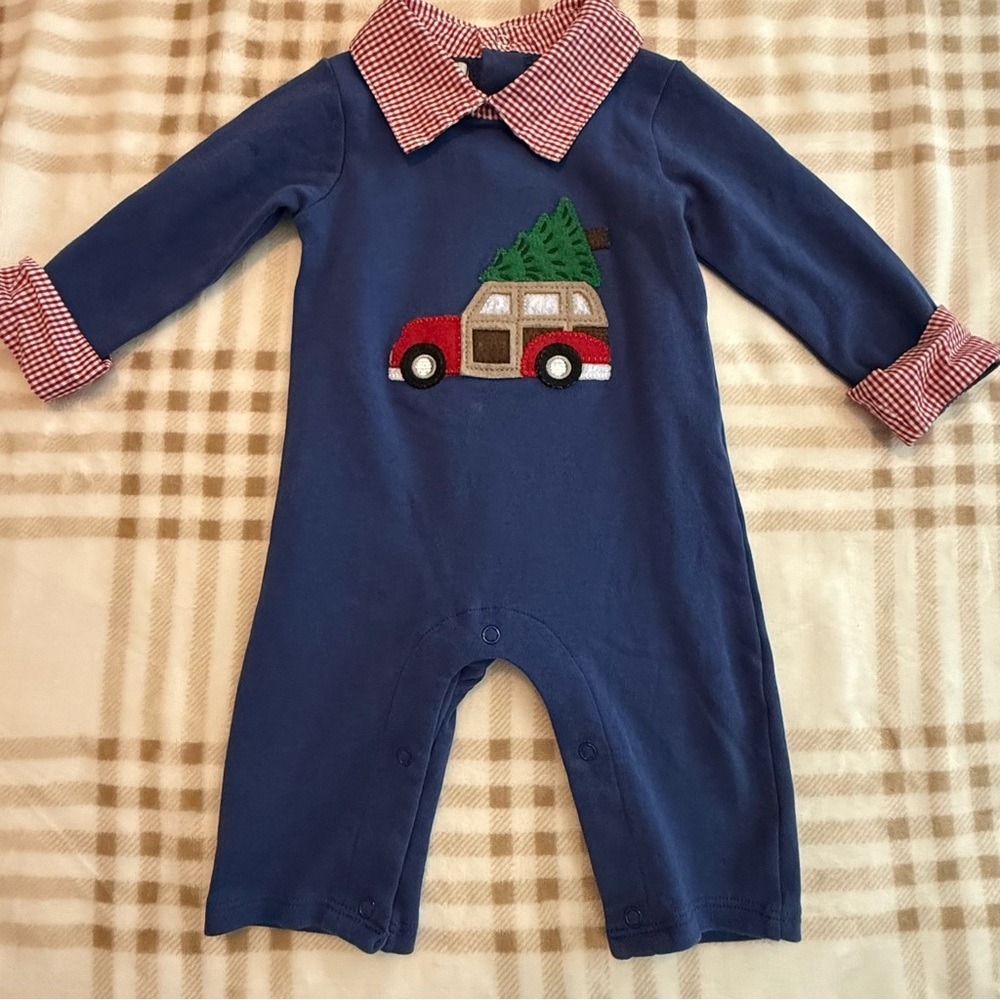 Mud Pie Baby Boys Christmas Woodie Wagon Romper Blue Gingham 0-6M